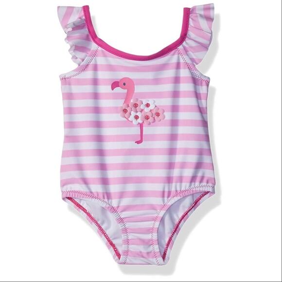 Kilo And Max | Pink & White Striped Flamingo Swimsuit One Piece Ruffle Strap 24M - Picture 1 of 9